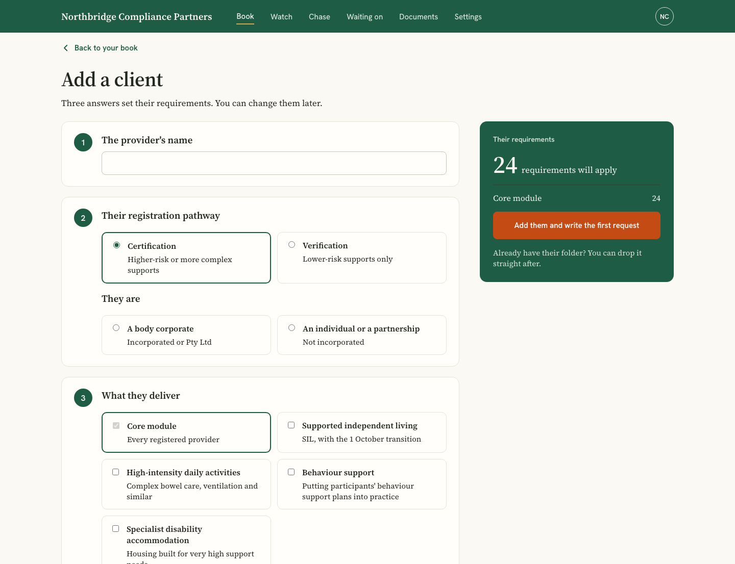 Add a client: the provider's name, their pathway and what they deliver, with the count of requirements that will apply.