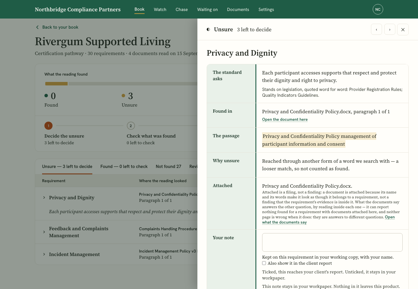 One requirement opened for review: what the standard asks, where it was found, why it is unsure, a note, and Confirm or Reject.